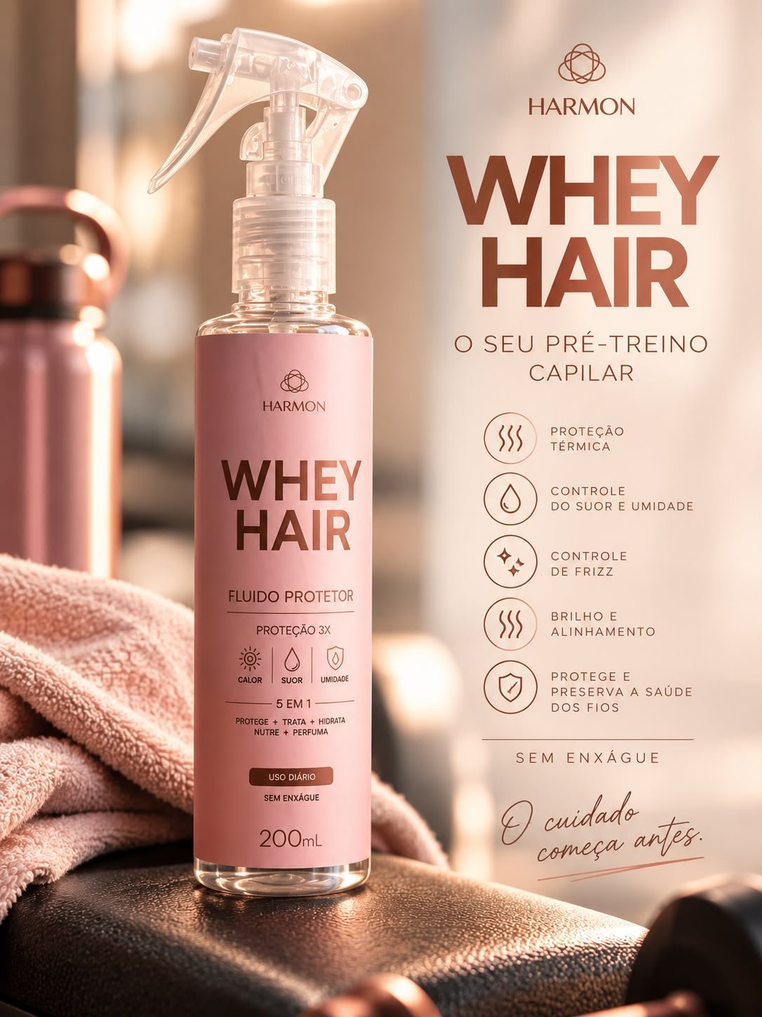 Arte do Whey Hair, o pré-treino capilar, com proteção térmica, controle de suor, umidade e frizz, brilho e uso sem enxágue